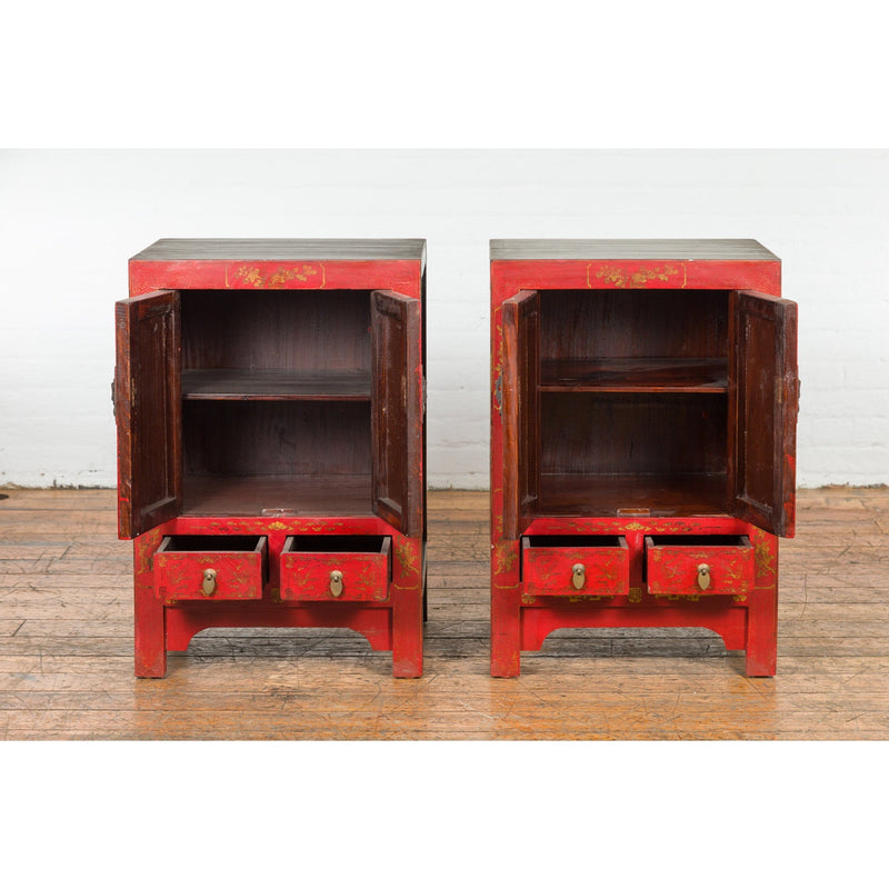Pair of Chinese Qing Dynasty Red Lacquer Bedside Cabinets with Butterfly Décor-YN1742-6. Asian & Chinese Furniture, Art, Antiques, Vintage Home Décor for sale at FEA Home