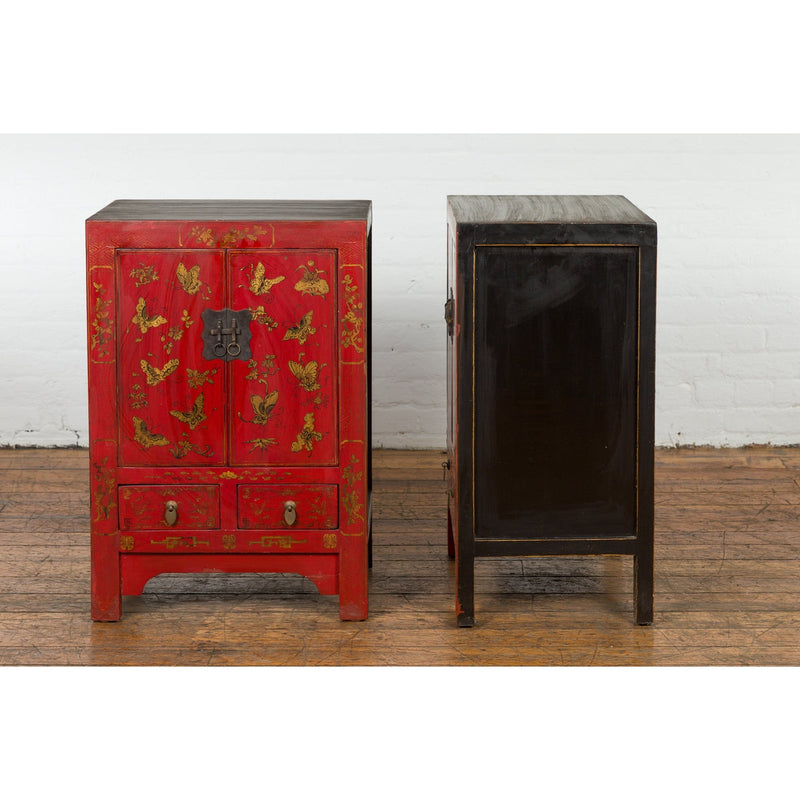 Pair of Chinese Qing Dynasty Red Lacquer Bedside Cabinets with Butterfly Décor-YN1742-7. Asian & Chinese Furniture, Art, Antiques, Vintage Home Décor for sale at FEA Home