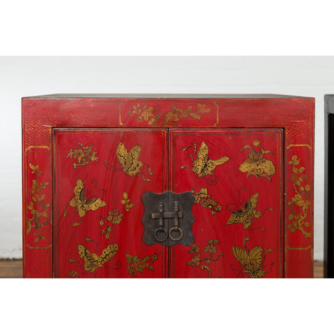 Pair of Chinese Qing Dynasty Red Lacquer Bedside Cabinets with Butterfly Décor-YN1742-8. Asian & Chinese Furniture, Art, Antiques, Vintage Home Décor for sale at FEA Home