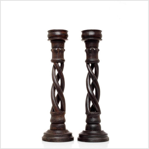 Pair of Vintage Indian Wooden Candlesticks with Spiral Design