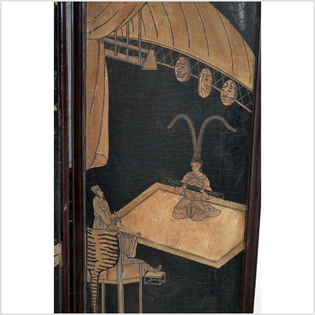 4-Panel Black Lacquered Screen with Chinoiserie-15. Asian &amp; Chinese Furniture, Art, Antiques, Vintage Home Décor for sale at FEA Home