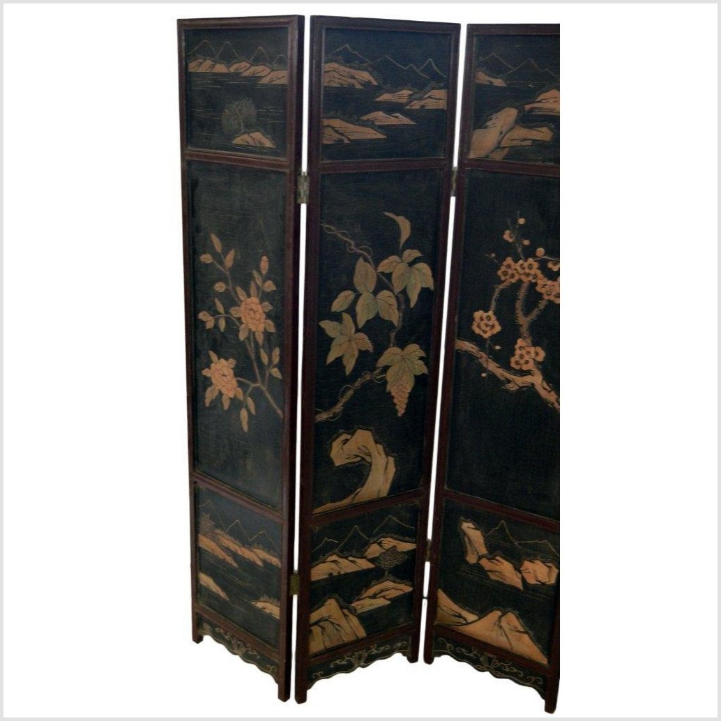 4-Panel Black Lacquered Screen with Chinoiserie-18. Asian &amp; Chinese Furniture, Art, Antiques, Vintage Home Décor for sale at FEA Home