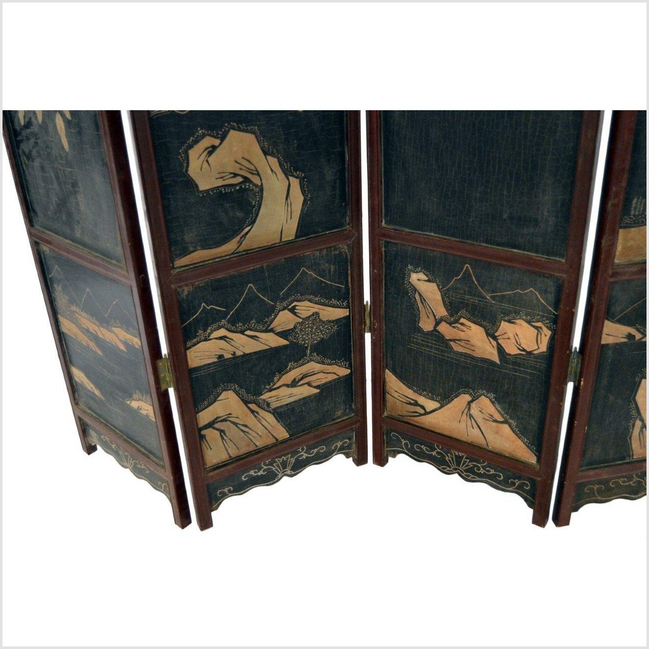 4-Panel Black Lacquered Screen with Chinoiserie-21. Asian &amp; Chinese Furniture, Art, Antiques, Vintage Home Décor for sale at FEA Home