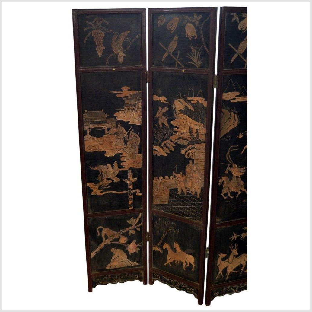 4-Panel Black Lacquered Screen with Chinoiserie-3. Asian &amp; Chinese Furniture, Art, Antiques, Vintage Home Décor for sale at FEA Home