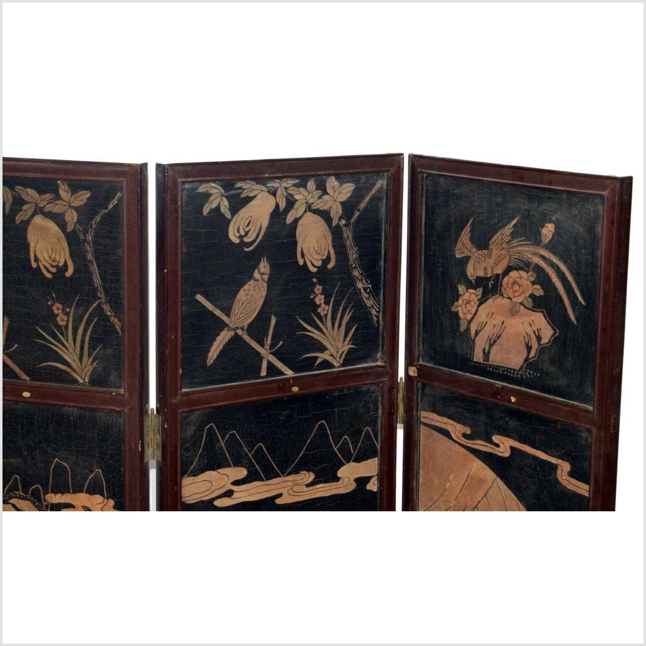 4-Panel Black Lacquered Screen with Chinoiserie-4. Asian &amp; Chinese Furniture, Art, Antiques, Vintage Home Décor for sale at FEA Home