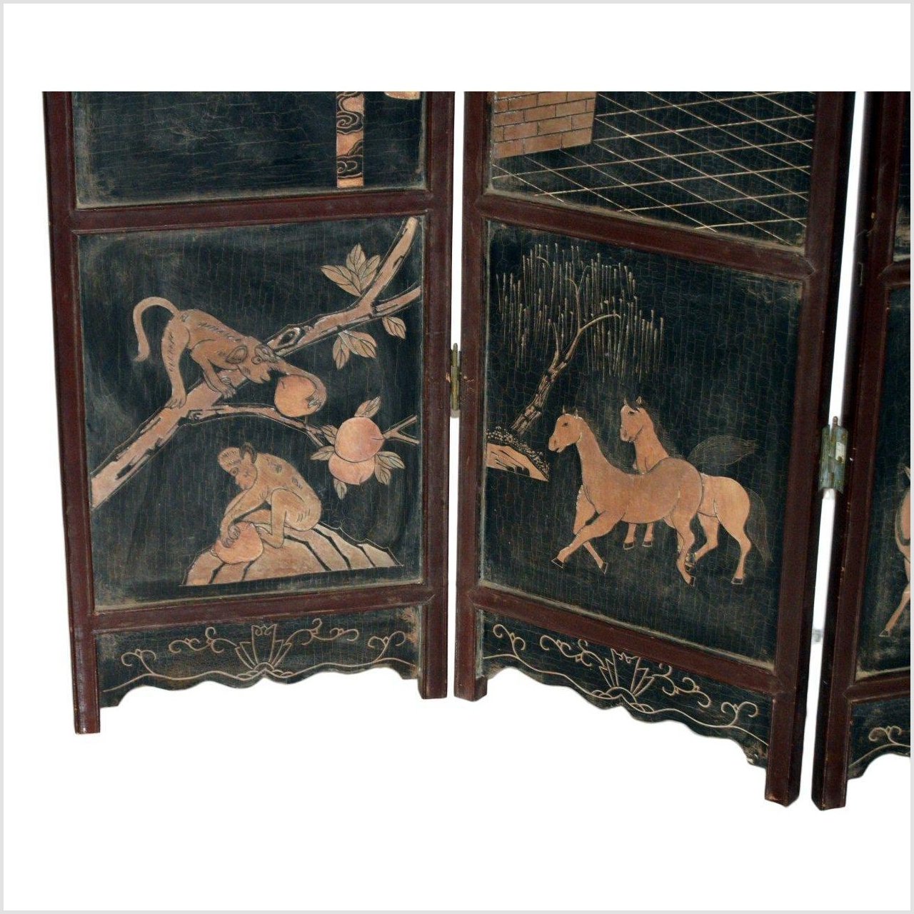 4-Panel Black Lacquered Screen with Chinoiserie-7. Asian &amp; Chinese Furniture, Art, Antiques, Vintage Home Décor for sale at FEA Home