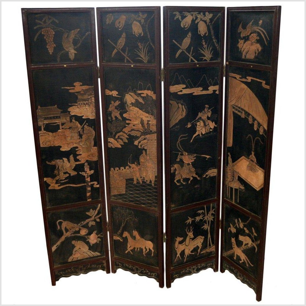 4-Panel Black Lacquered Screen with Chinoiserie-1. Asian & Chinese Furniture, Art, Antiques, Vintage Home Décor for sale at FEA Home