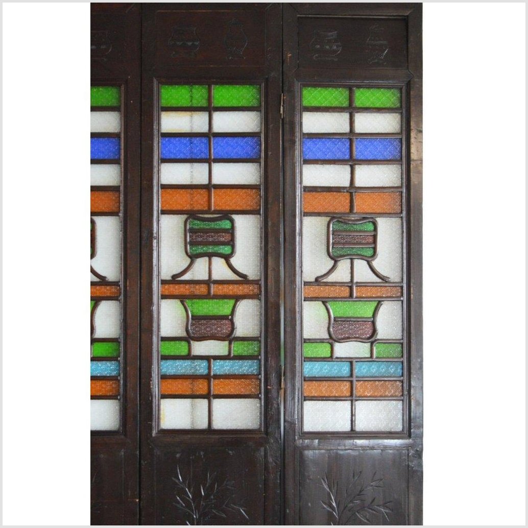 4-Panel Multi-Color Stained Glass and Carved Bottom Panels-3. Asian &amp; Chinese Furniture, Art, Antiques, Vintage Home Décor for sale at FEA Home
