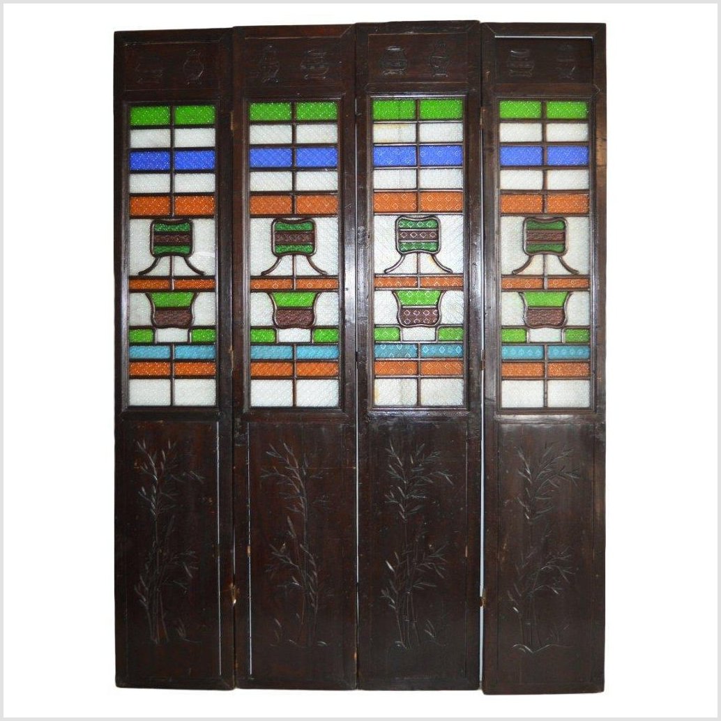 4-Panel Multi-Color Stained Glass and Carved Bottom Panels- Asian Antiques, Vintage Home Decor & Chinese Furniture - FEA Home