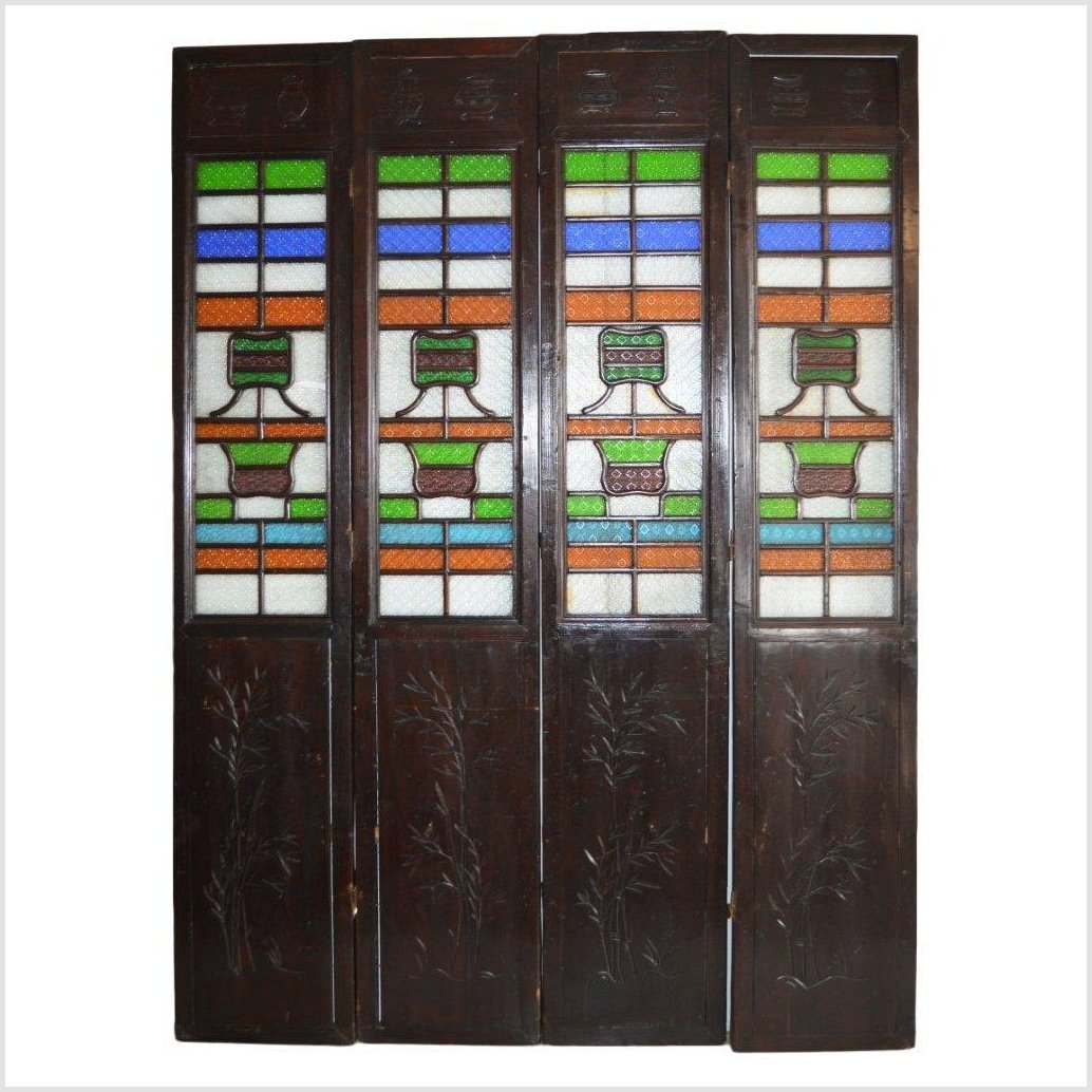 4-Panel Multi-Color Stained Glass and Carved Bottom Panels-1. Asian & Chinese Furniture, Art, Antiques, Vintage Home Décor for sale at FEA Home