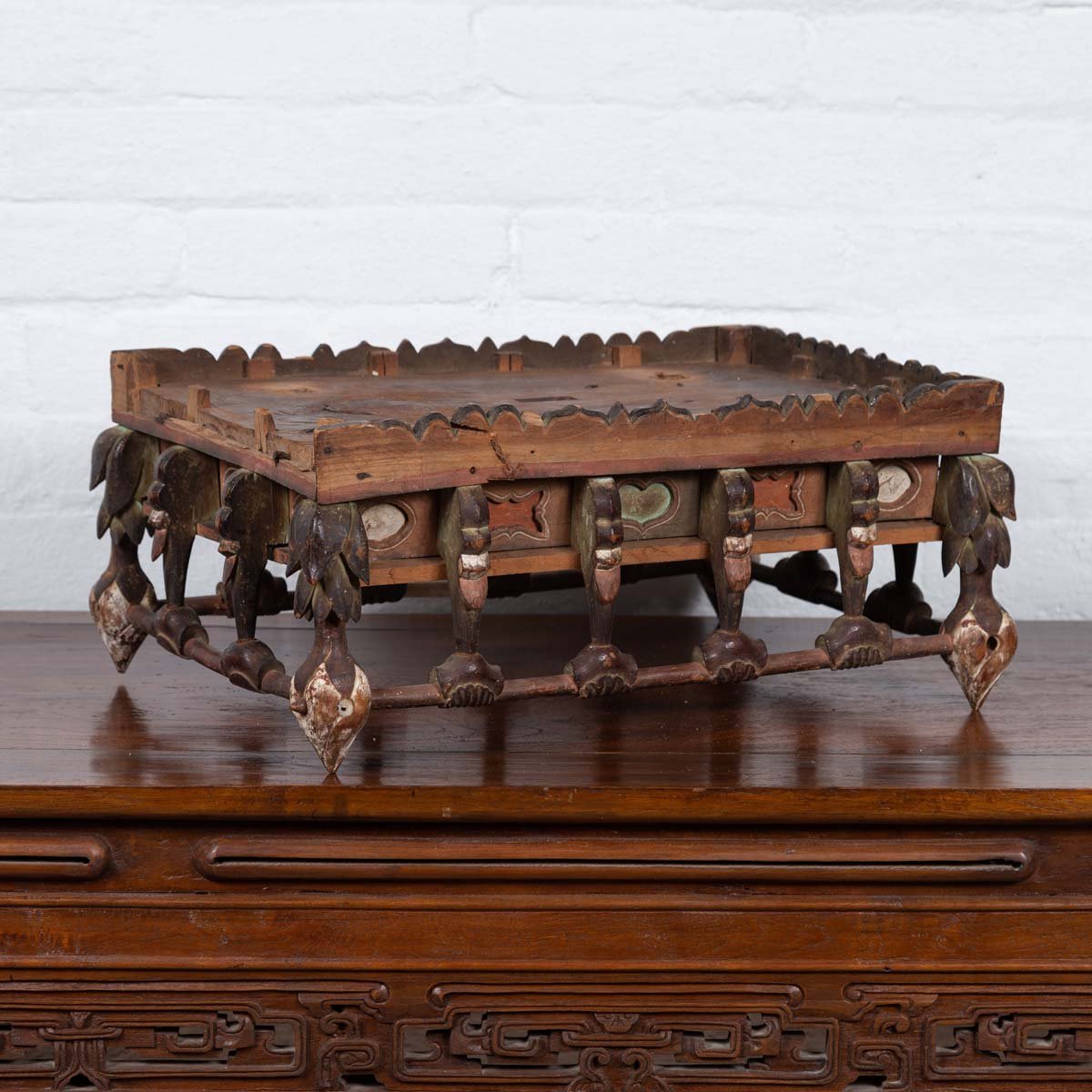 Petite Japanese Edo Period Folk Art Altar Table with Carved and Painted Motifs-2. Asian & Chinese Furniture, Art, Antiques, Vintage Home Décor for sale at FEA Home