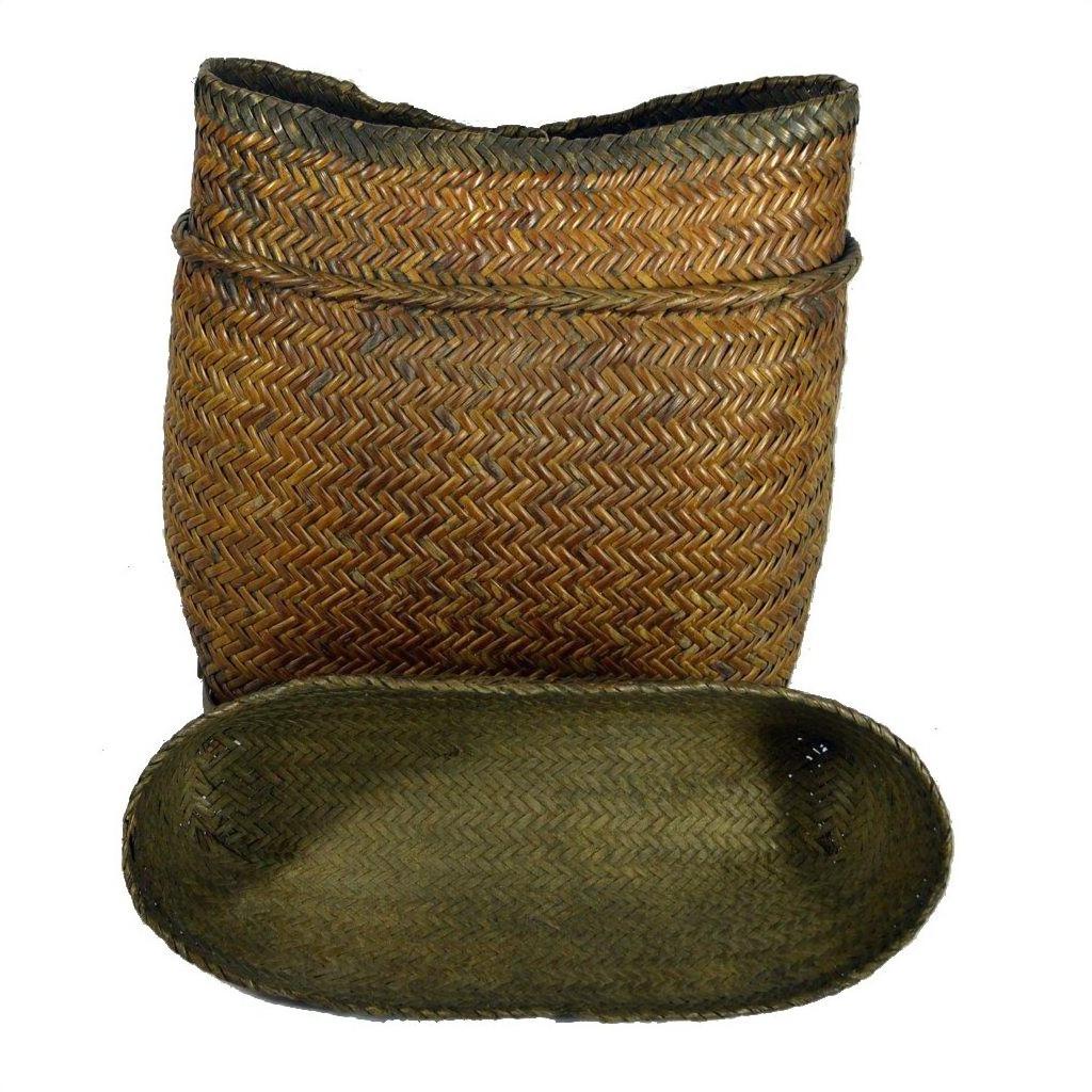 Natural rattan baskets set, one tall with rounded top and one shallow oval, close-up view.