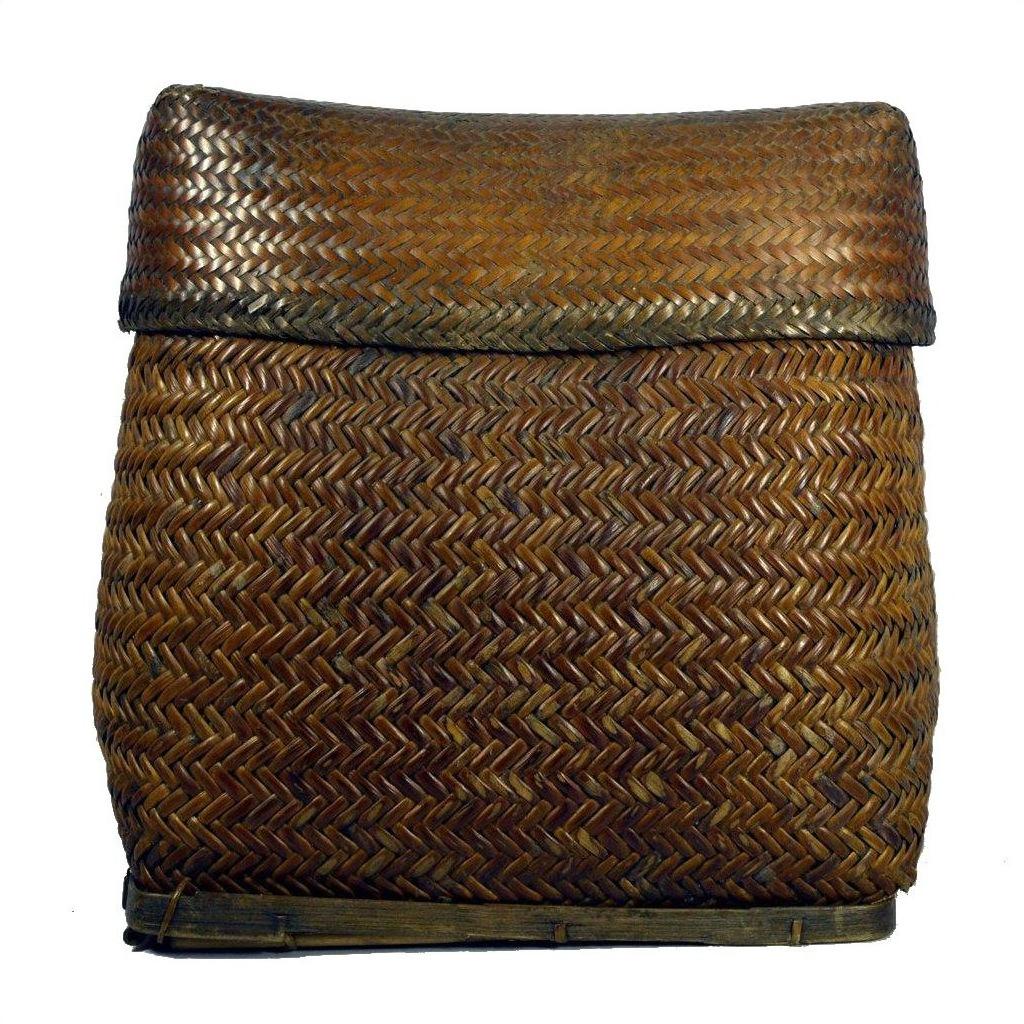 Close-up of a rectangular brown rattan basket with lid and chevron pattern, known as the Philippines Farmers Basket.