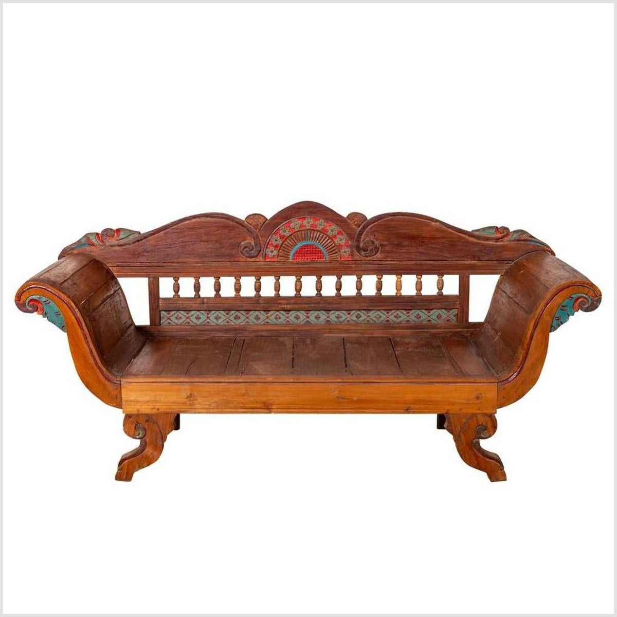 Plantation Javanese Teak Settee with Polychrome Décor and Out-Scrolling Arms-1. Asian & Chinese Furniture, Art, Antiques, Vintage Home Décor for sale at FEA Home