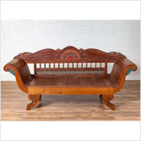 Plantation Javanese Teak Settee with Polychrome Décor and Out-Scrolling Arms