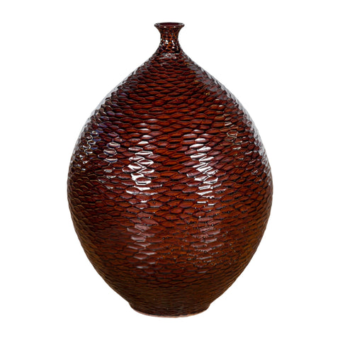 This-is-a-picture-of-a-Prem Collection Handcrafted Burgundy Vase with Textured Honeycomb Style Motifs-with-image-position-1-style-YN7484-Shop-for-Vintage-and-Antique-Asian-and-Chinese-Furniture-for-sale-at-FEA Home-NYC