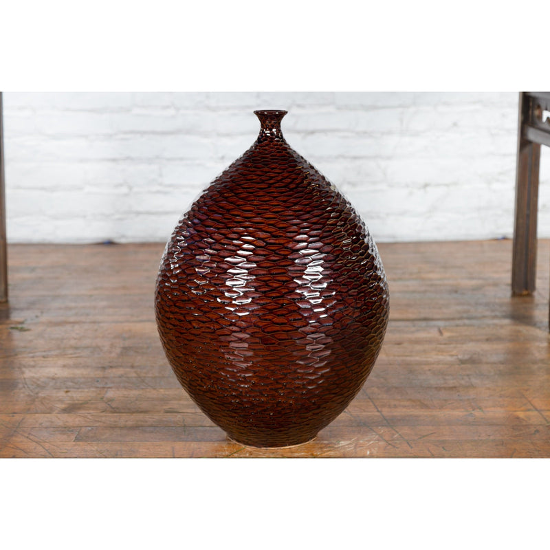 This-is-a-picture-of-a-Prem Collection Handcrafted Burgundy Vase with Textured Honeycomb Style Motifs-with-image-position-10-style-YN7484-Shop-for-Vintage-and-Antique-Asian-and-Chinese-Furniture-for-sale-at-FEA Home-NYC