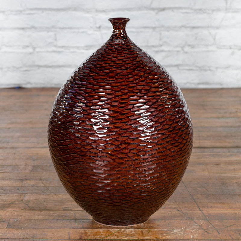 Prem Collection Handcrafted Burgundy Vase with Textured Honeycomb Style Motifs-14. Asian & Chinese Furniture, Art, Antiques, Vintage Home Décor for sale at FEA Home