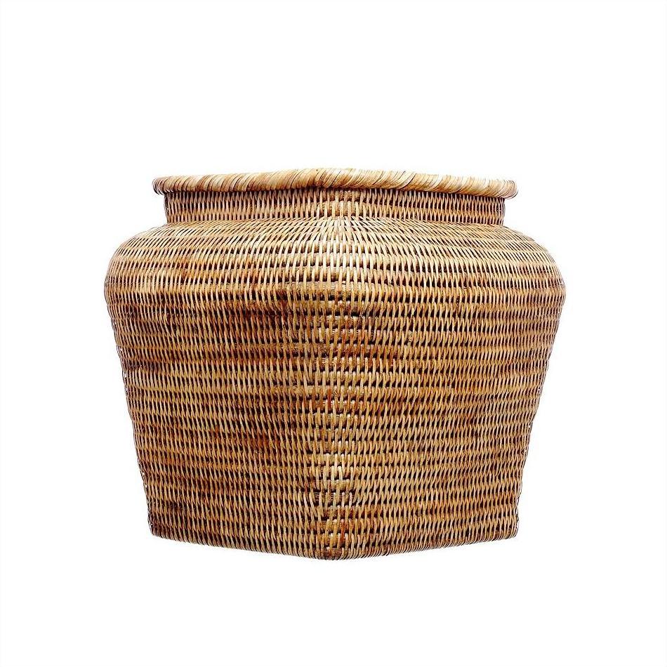Brown rattan square basket with a wide body and narrow, slightly flared opening on a white background.