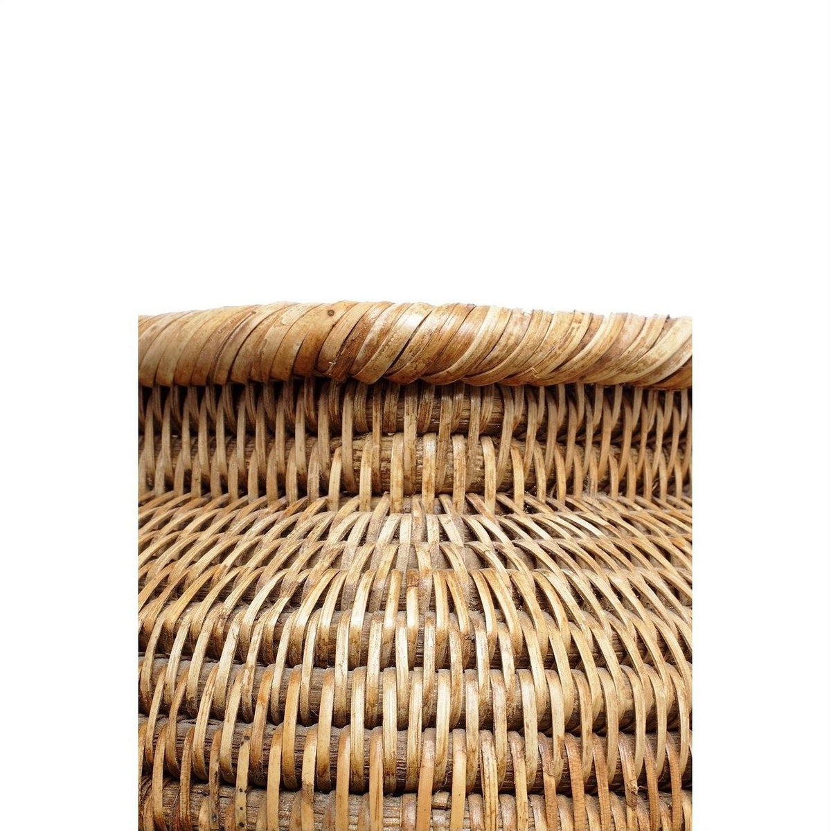 Close-up of neutral rattan square basket, tightly woven top edge visible against a white background.