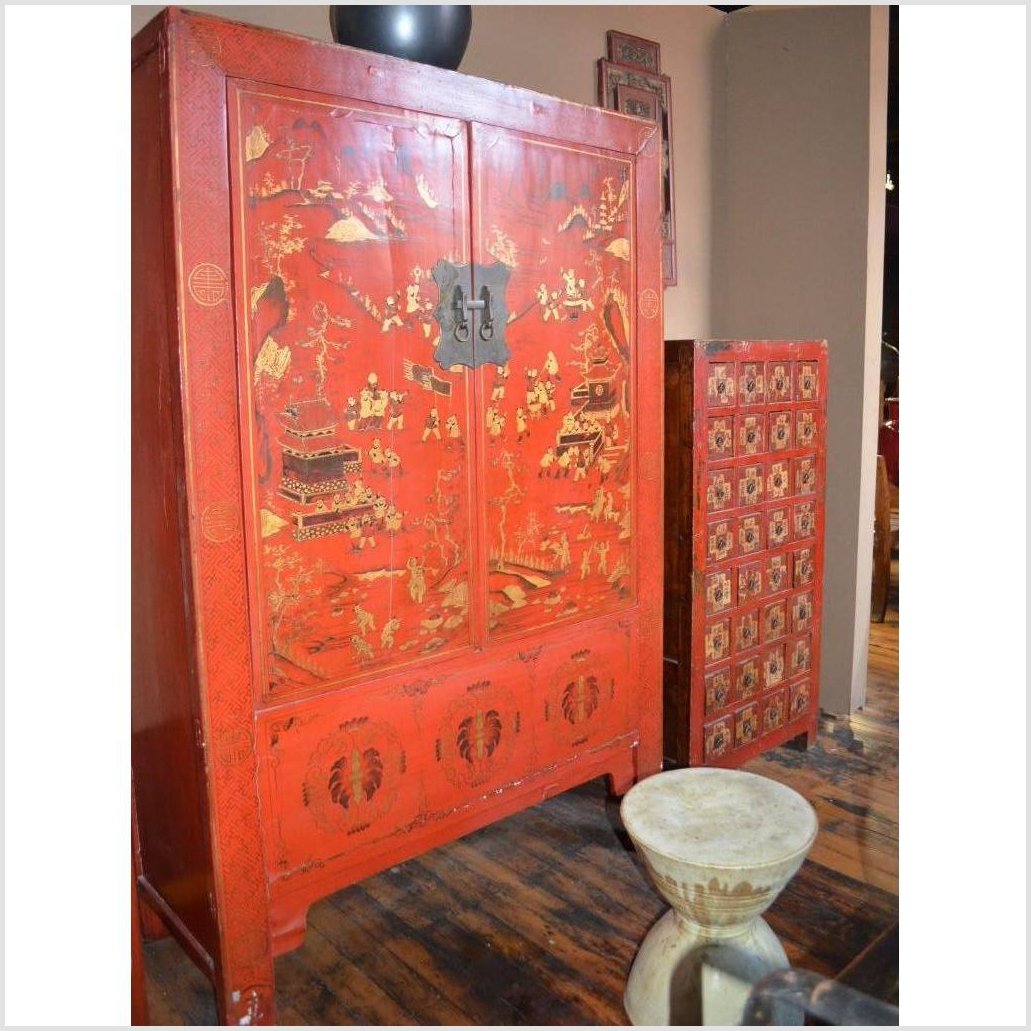 Red Compound Cabinet with Chinoiserie-2. Asian & Chinese Furniture, Art, Antiques, Vintage Home Décor for sale at FEA Home