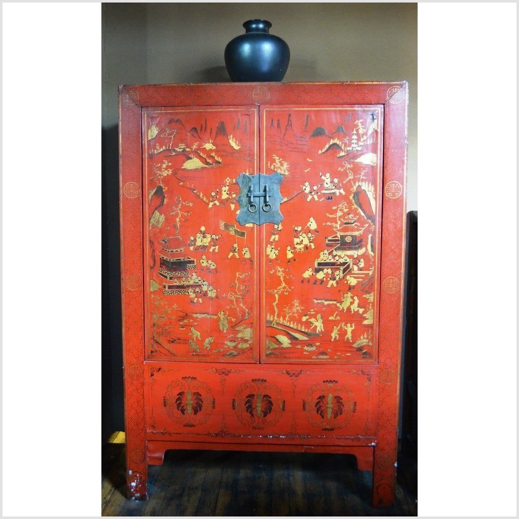 Red Compound Cabinet with Chinoiserie-1. Asian & Chinese Furniture, Art, Antiques, Vintage Home Décor for sale at FEA Home