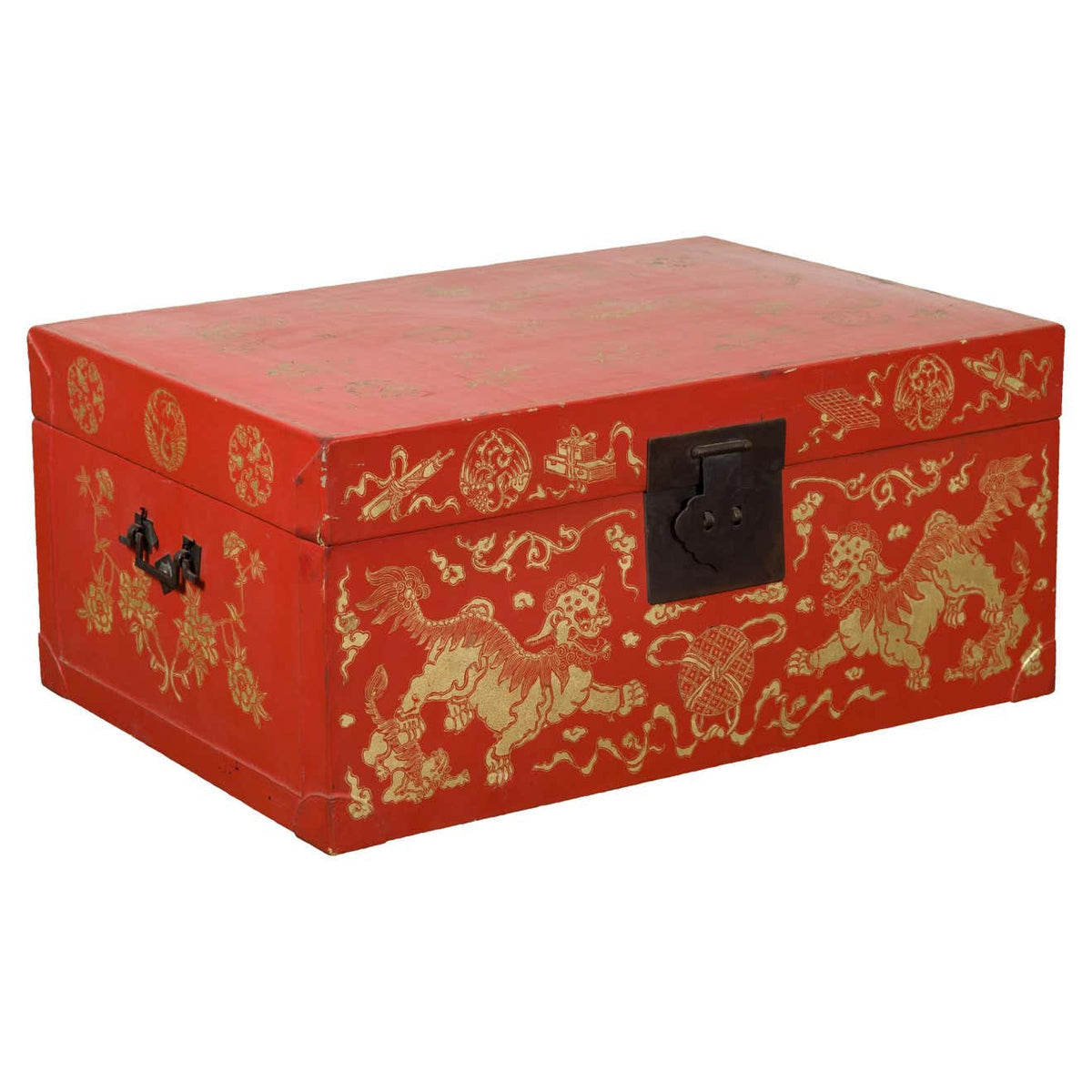 Red Lacquered Chinese Blanket Chest with Gilt Motifs and Guardian Lions-1. Asian & Chinese Furniture, Art, Antiques, Vintage Home Décor for sale at FEA Home