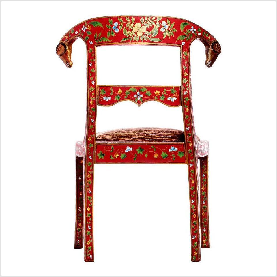 Pair of Red Vintage Armless Chairs with Floral Design & Ram Heads-2. Asian & Chinese Furniture, Art, Antiques, Vintage Home Décor for sale at FEA Home