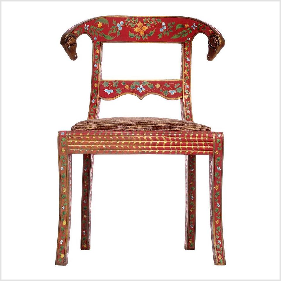Pair of Red Vintage Armless Chairs with Floral Design &amp; Ram Heads-3. Asian &amp; Chinese Furniture, Art, Antiques, Vintage Home Décor for sale at FEA Home