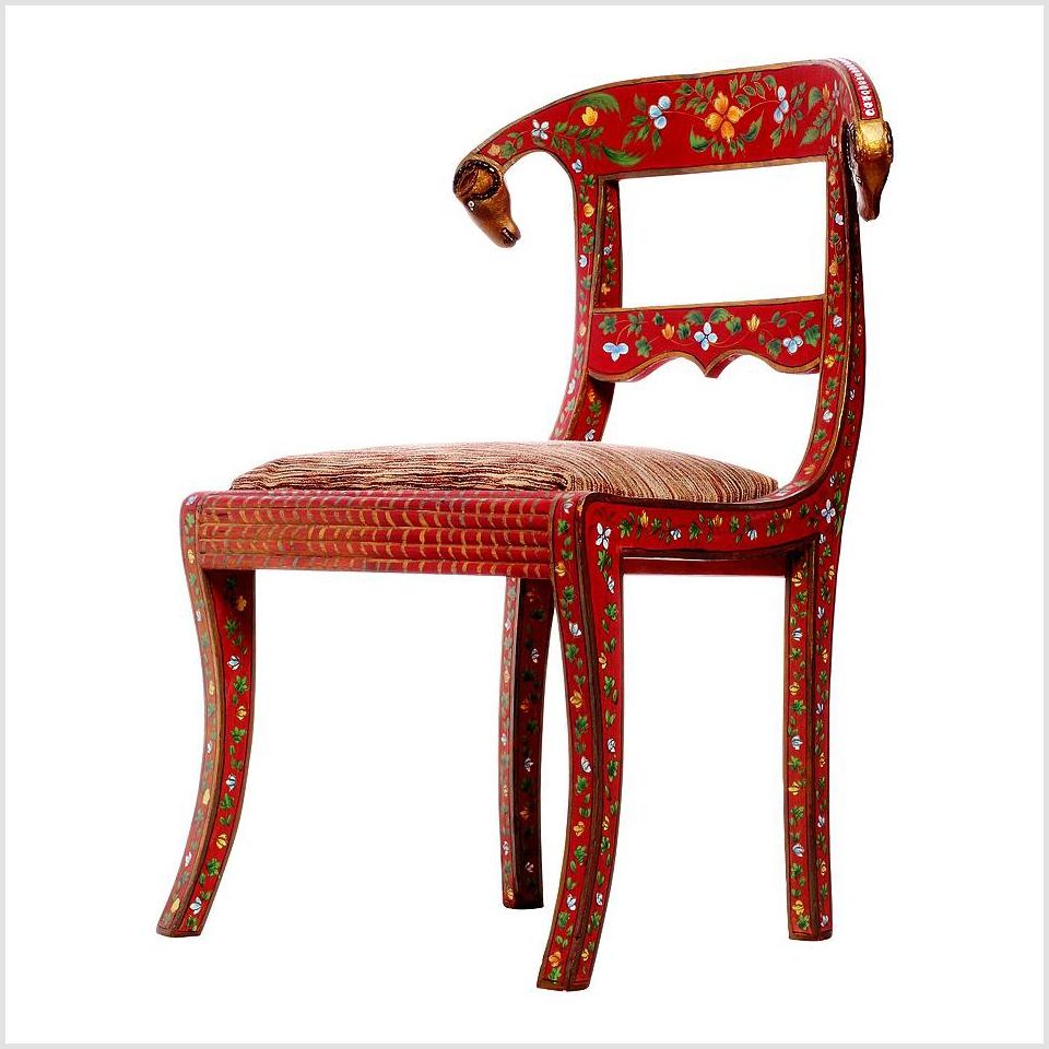 Pair of Red Vintage Armless Chairs with Floral Design & Ram Heads-1. Asian & Chinese Furniture, Art, Antiques, Vintage Home Décor for sale at FEA Home