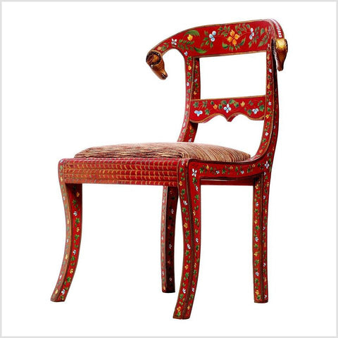 Pair of Red Vintage Armless Chairs with Floral Design & Ram Heads