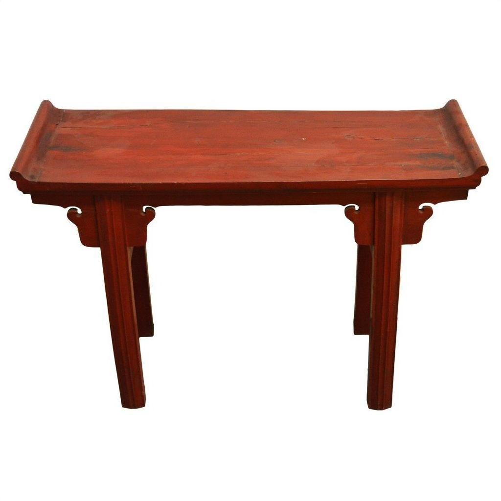 Red patina wood altar table with four straight legs and slightly raised edge, front view.