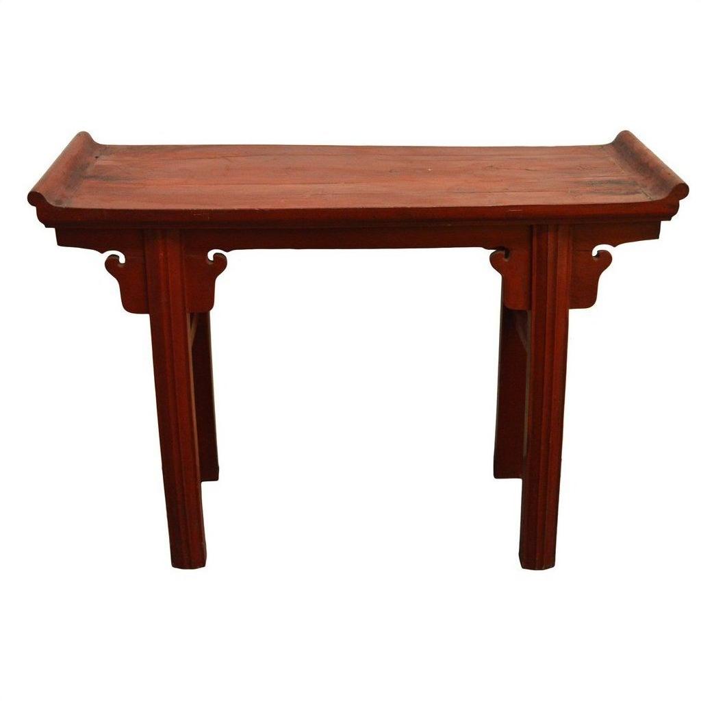 Red patina wood altar table with curved edges and four straight legs, displayed against a white background.