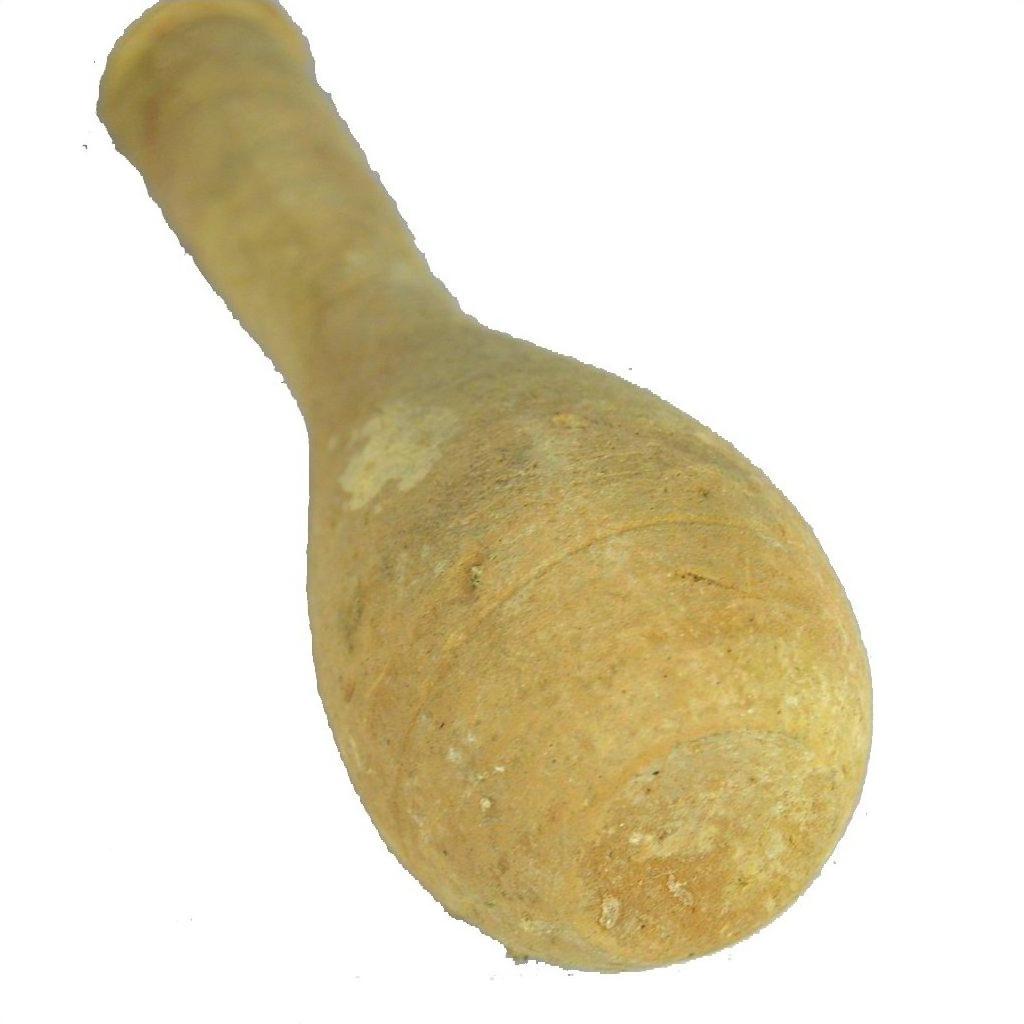 Light brown Roman Lacrimarium with rounded end, ceramic vessel on white background, close-up.