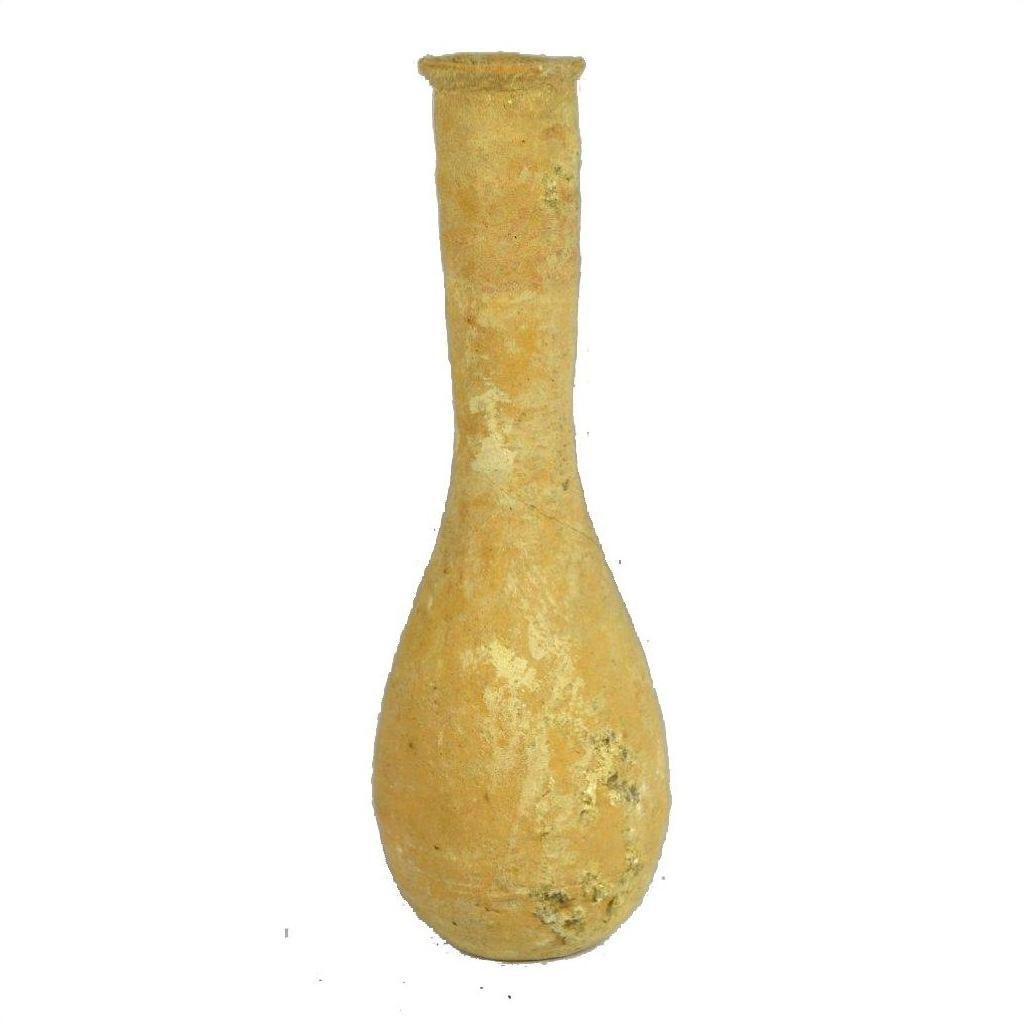 Brown clay Roman lacrimarium with a tall narrow neck and bulbous base, weathered surface, on white background.