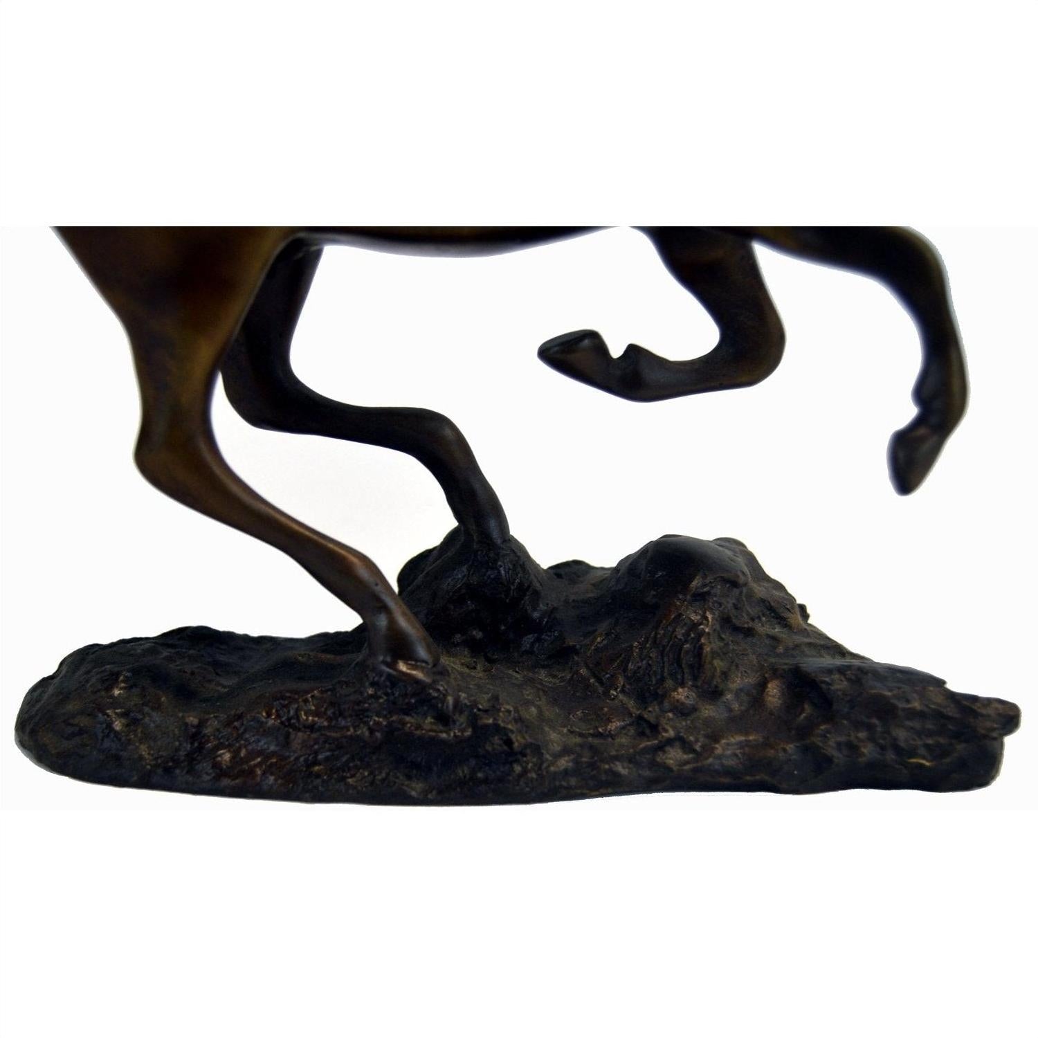 Bronze running horse sculpture close-up, 7.5"H x 11"L x 2"W, lower legs on textured base, very good condition.