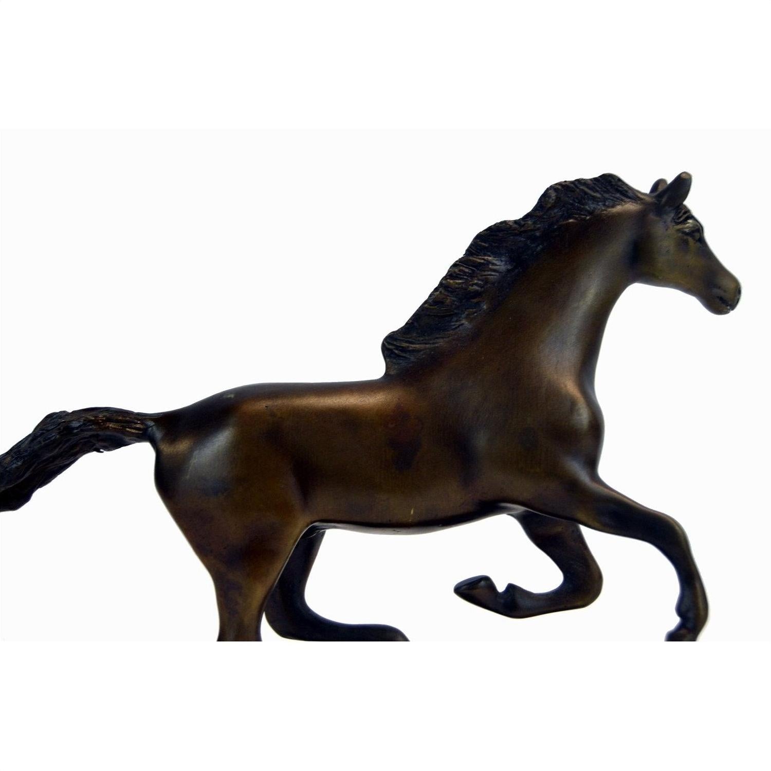 Bronze running horse sculpture with one front leg raised, close-up side view, 7.5"H x 11"L x 2"W.