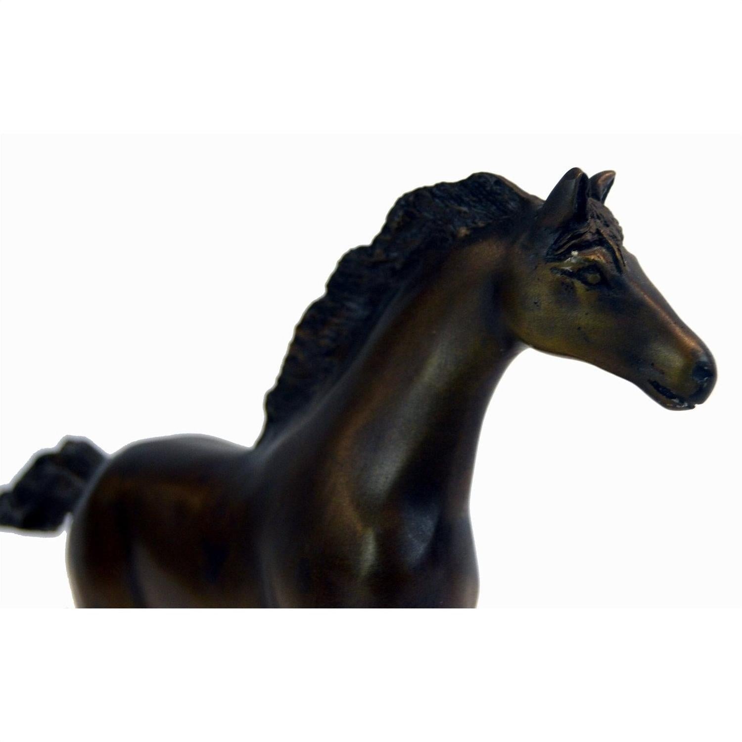 Close-up of bronze running horse sculpture on white background, 7.5 inches high by 11 inches long by 2 inches wide.