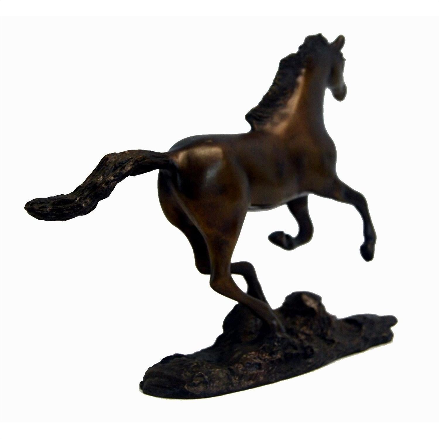 Bronze running horse sculpture, mid-gallop, close-up view, 7.5 inches high by 11 inches long by 2 inches wide.