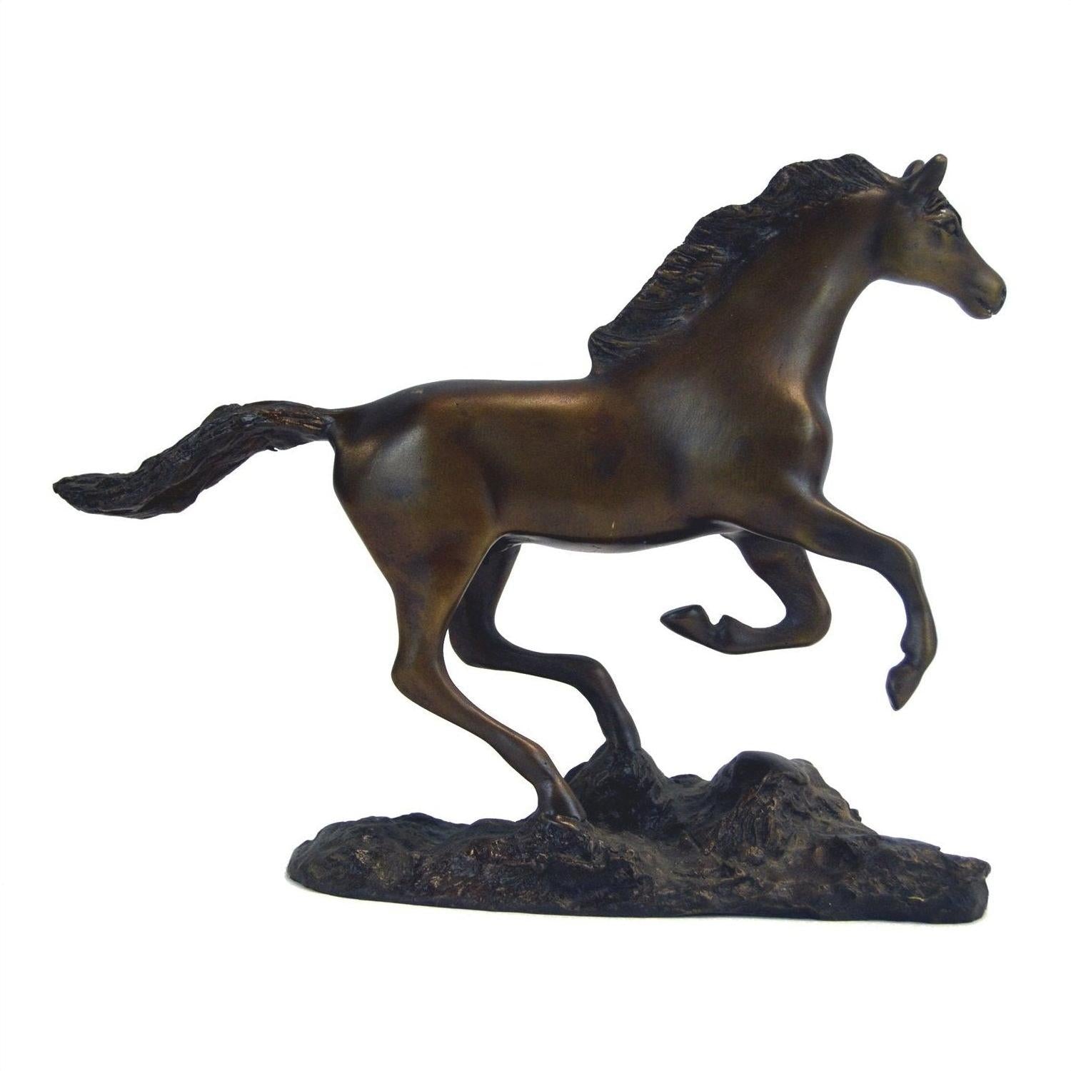 Bronze running horse sculpture on textured base, 7.5 inches high by 11 inches long, indoor setting.