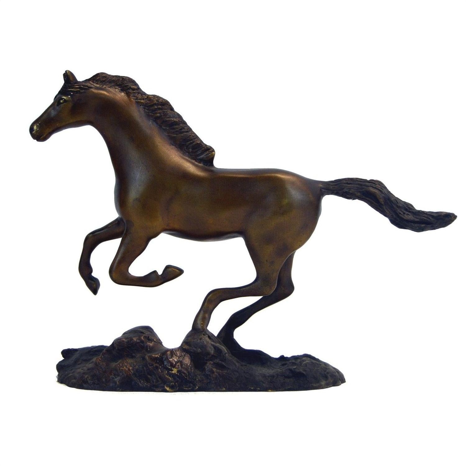 Bronze horse sculpture in galloping pose on textured base, 11 inches long by 7.5 inches high.