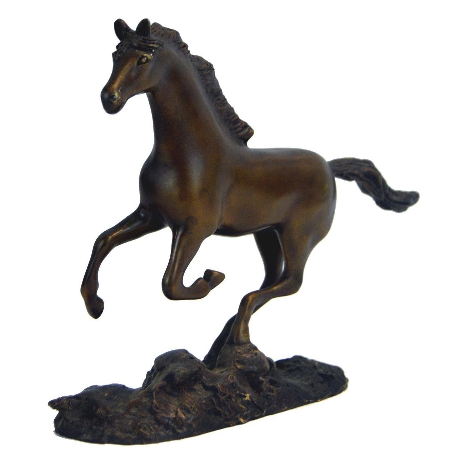 Bronze horse sculpture rearing on textured base, dark bronze color, indoor setting, 11 inches long by 7.5 inches high.