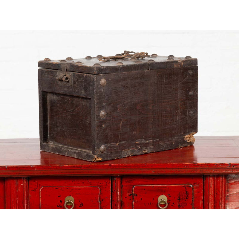 Rustic Antique Chinese Wooden Cash Box with Removable Top, Studs and Chain-YN6488-11. Asian & Chinese Furniture, Art, Antiques, Vintage Home Décor for sale at FEA Home