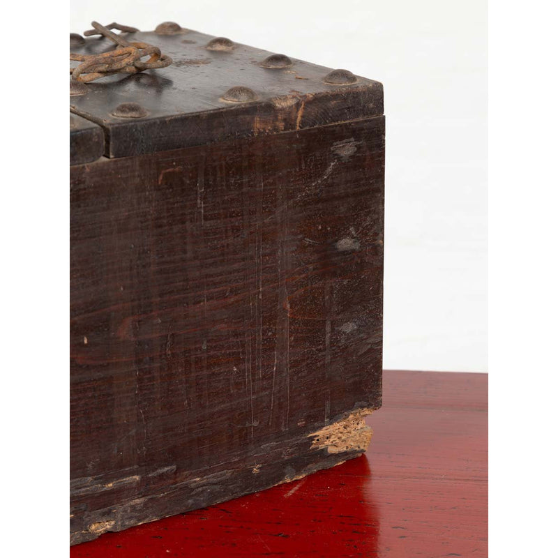 Rustic Antique Chinese Wooden Cash Box with Removable Top, Studs and Chain-YN6488-12. Asian & Chinese Furniture, Art, Antiques, Vintage Home Décor for sale at FEA Home