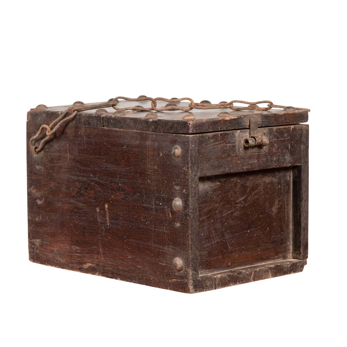 Rustic Antique Chinese Wooden Cash Box with Removable Top, Studs and Chain-1. Asian & Chinese Furniture, Art, Antiques, Vintage Home Décor for sale at FEA Home