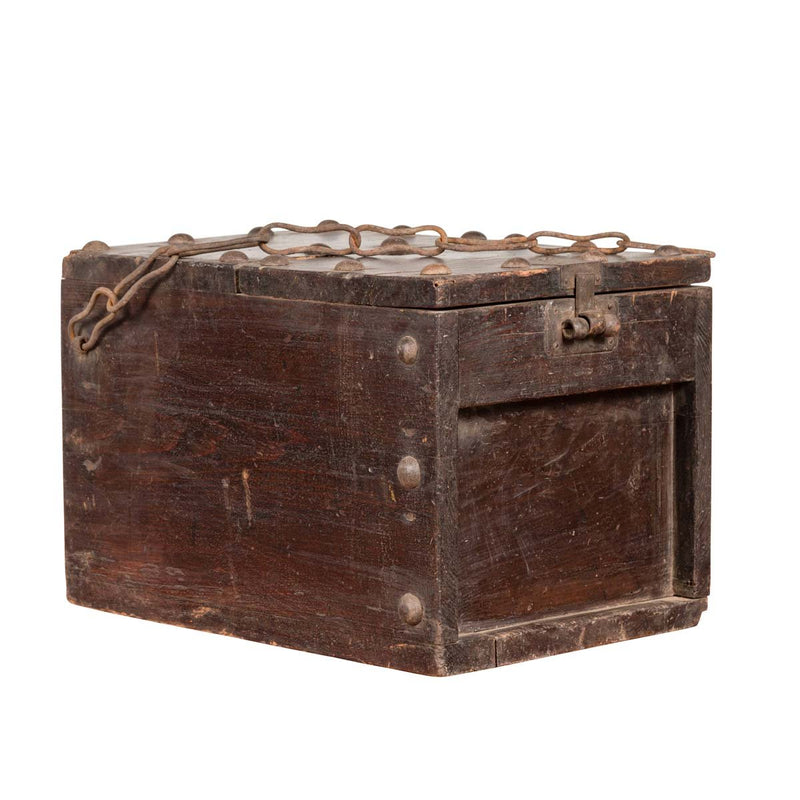 Rustic Antique Chinese Wooden Cash Box with Removable Top, Studs and Chain-YN6488-1. Asian & Chinese Furniture, Art, Antiques, Vintage Home Décor for sale at FEA Home