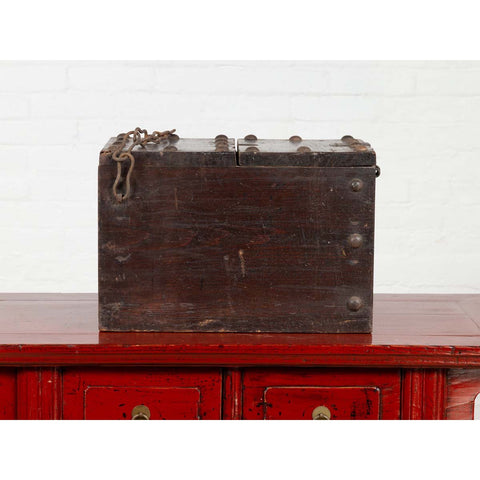 Rustic Antique Chinese Wooden Cash Box with Removable Top, Studs and Chain-YN6488-4. Asian & Chinese Furniture, Art, Antiques, Vintage Home Décor for sale at FEA Home