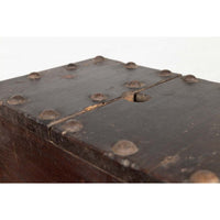 Rustic Antique Chinese Wooden Cash Box with Removable Top, Studs and Chain