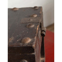 Rustic Antique Chinese Wooden Cash Box with Removable Top, Studs and Chain