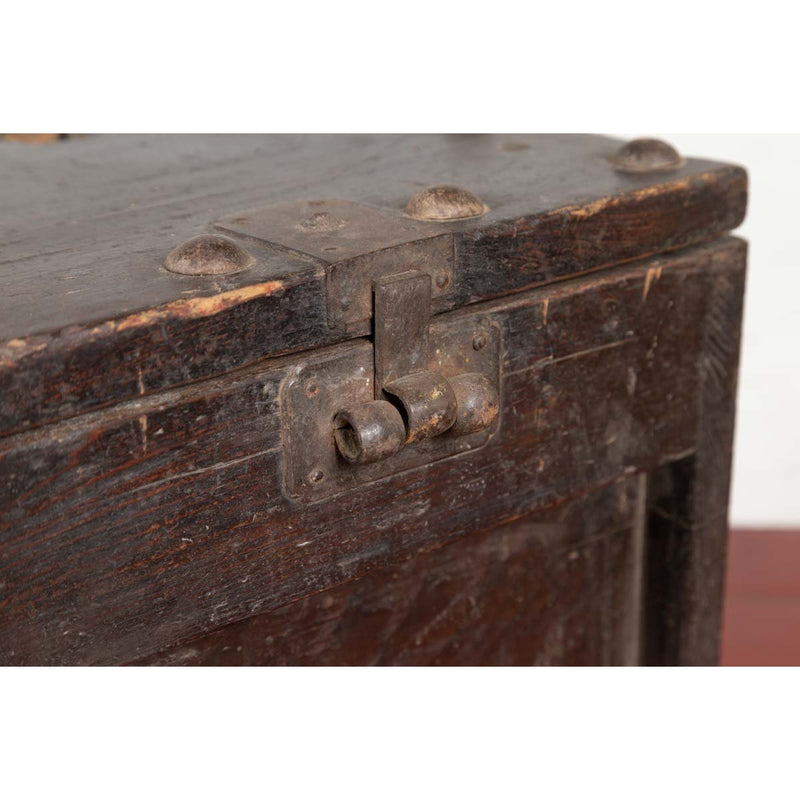 Rustic Antique Chinese Wooden Cash Box with Removable Top, Studs and Chain-YN6488-8. Asian & Chinese Furniture, Art, Antiques, Vintage Home Décor for sale at FEA Home